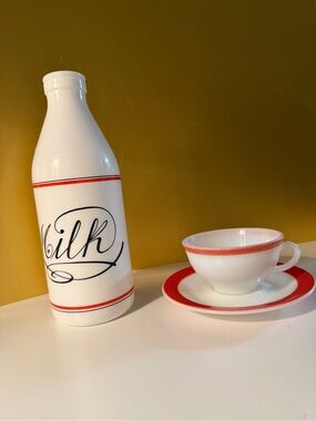 Vintage White Glass EGIZIA Milk Bottle with Red Trim, 1960’s
